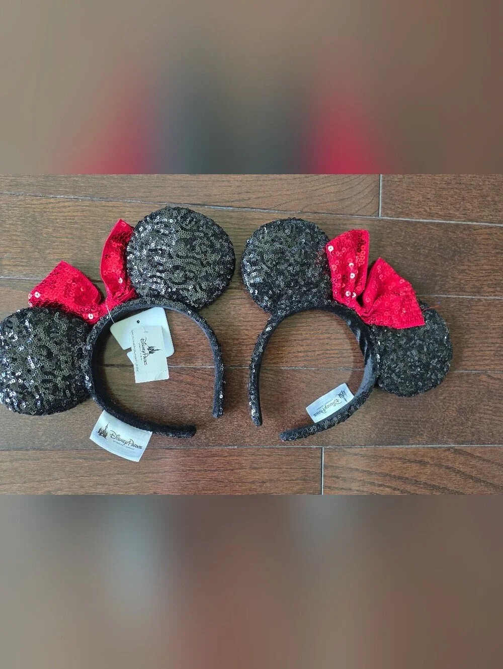 Disney Parks Minnie Mouse Sequin Ears Headband Set of 2 Red Bow Black Sparkle